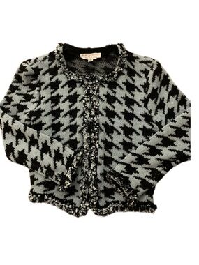 Vintage St. John Black and Light Gray Houndstooth Knit Cardigan with fringe